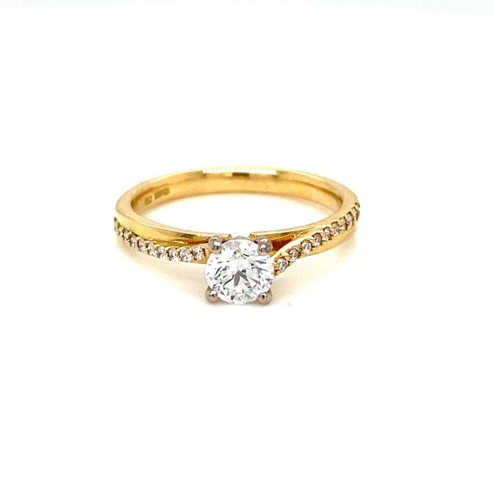 18ct Yellow Gold Single Stone Diamond Ring Offset Diamond Shoulders