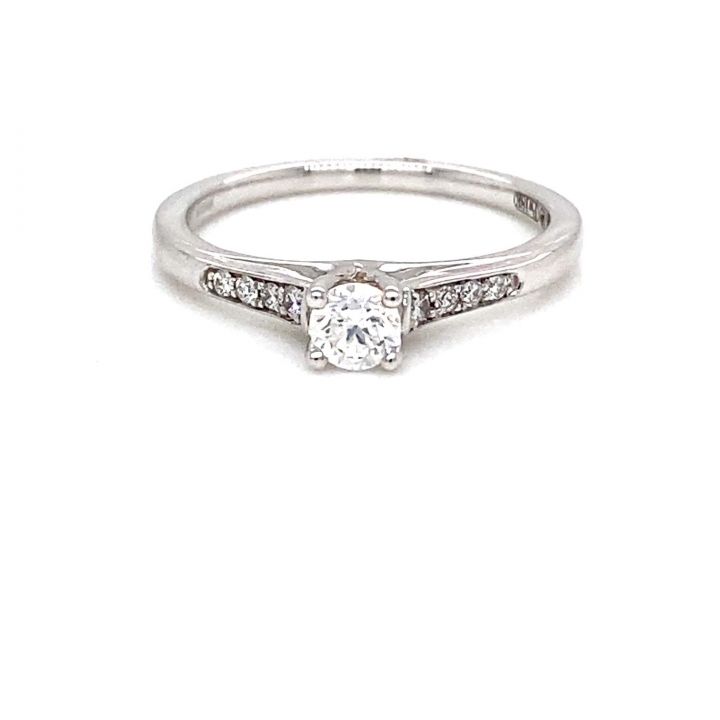 18ct White Gold Single Stone Diamond Ring with Diamond Set Shoulders