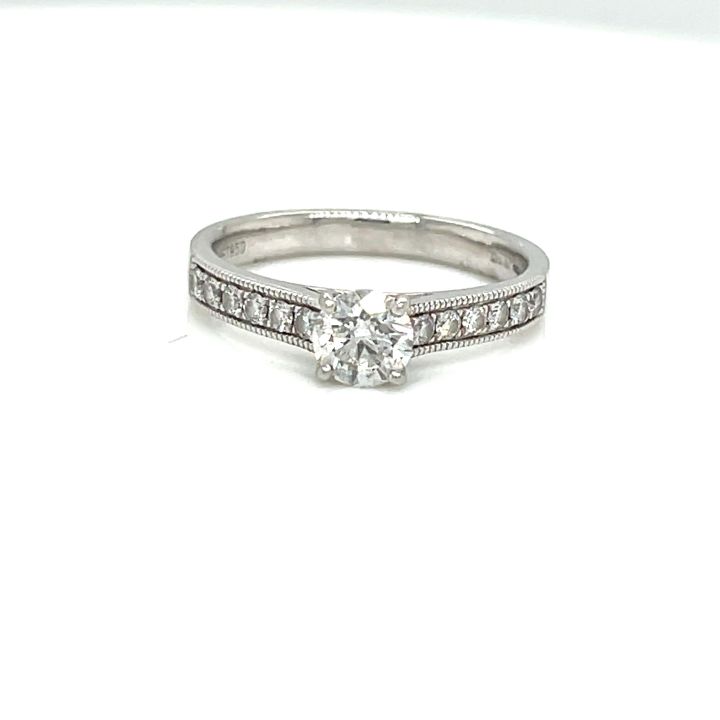 Platinum Single Stone Diamond Ring With Millegrain Diamond Set Shoulders