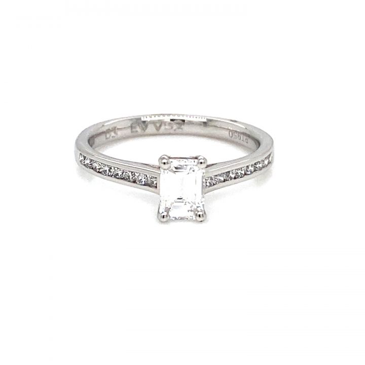 Platinum Single Emerald Cut Diamond, Diamond Set Shoulder Ring