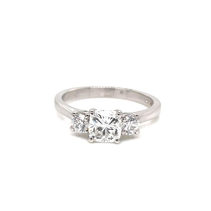 Platinum Cushion & Round Diamond Three Stone Ring 1.27ct