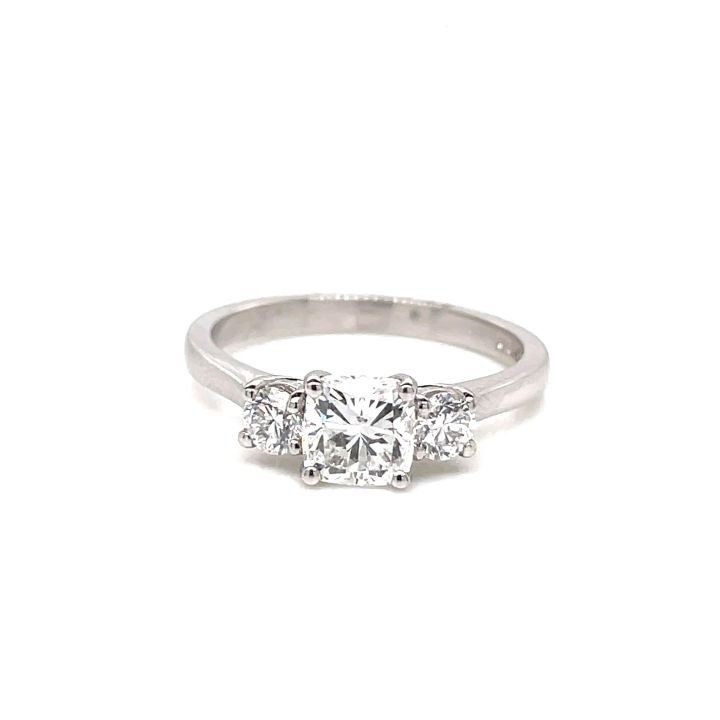 Platinum Cushion & Round Diamond Three Stone Ring 1.27ct