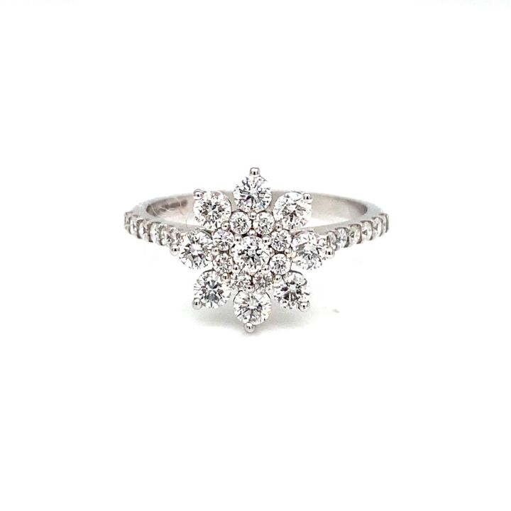 18ct White Gold Three Row Flower Diamond Cluster Ring