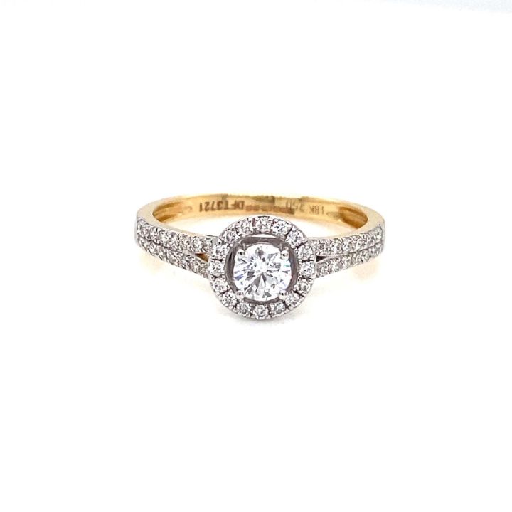 18ct Yellow Gold Diamond Halo Ring Two Row Diamond Set Shoulders