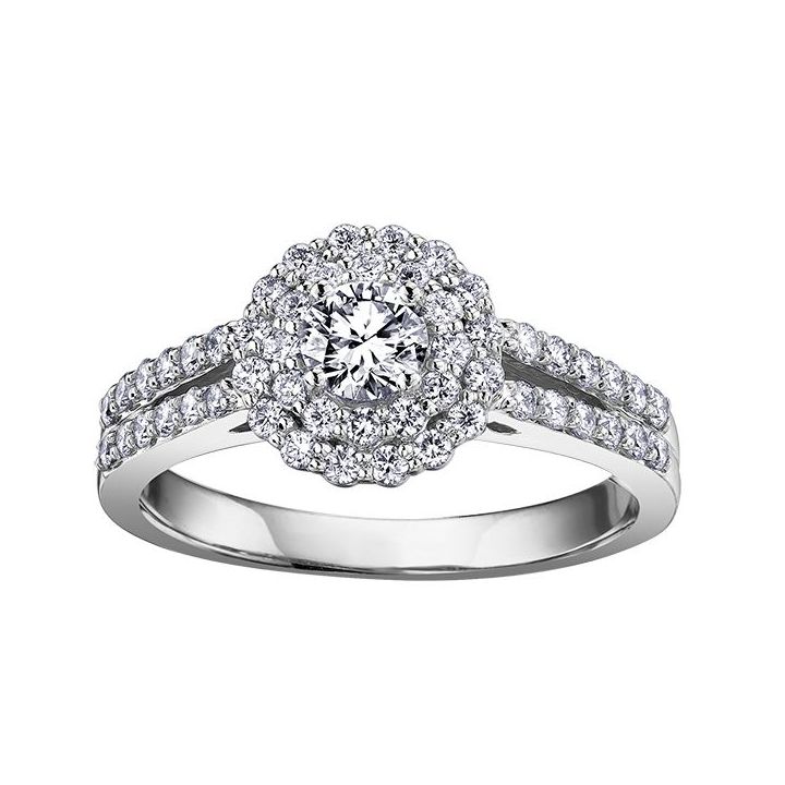 Platinum Two Row Diamond Halo Ring with Split Shoulders