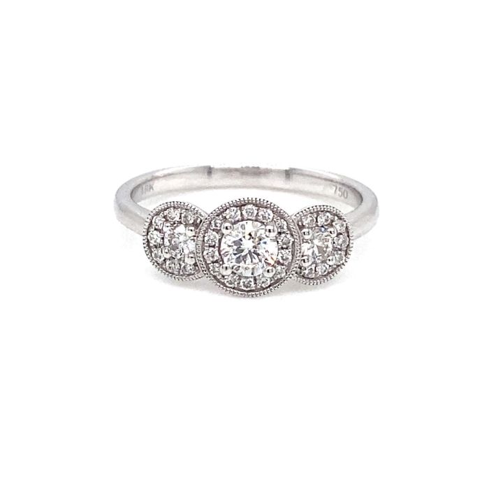 18ct White Gold Three Diamond Halo Ring