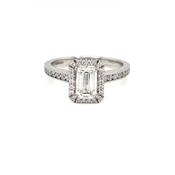 Platinum Emerald Cut Diamond Halo Cluster Ring