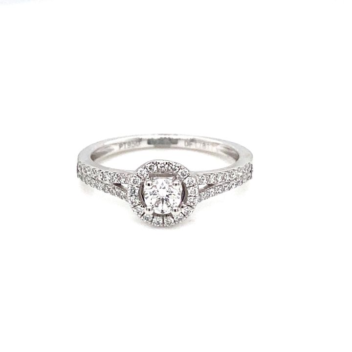 Platinum Diamond Cluster Ring with Split Diamond Set Shoulders