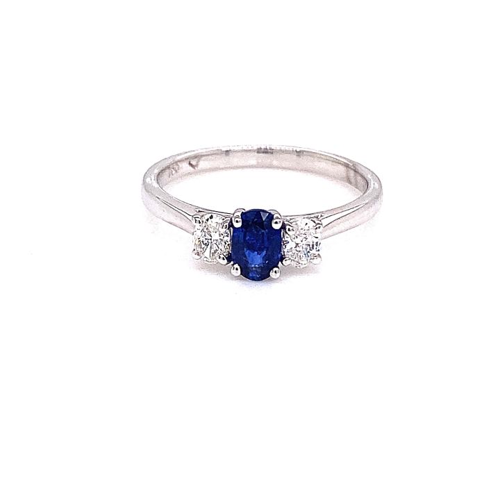 18ct White Gold Oval Sapphire & Diamond Three Stone Ring