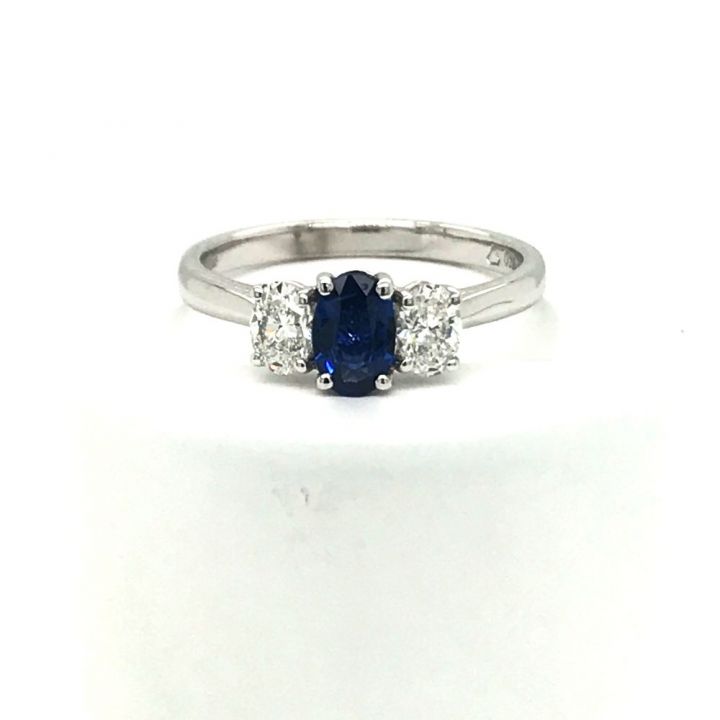 18ct White Gold Three Stone Oval Sapphire And Diamond Ring