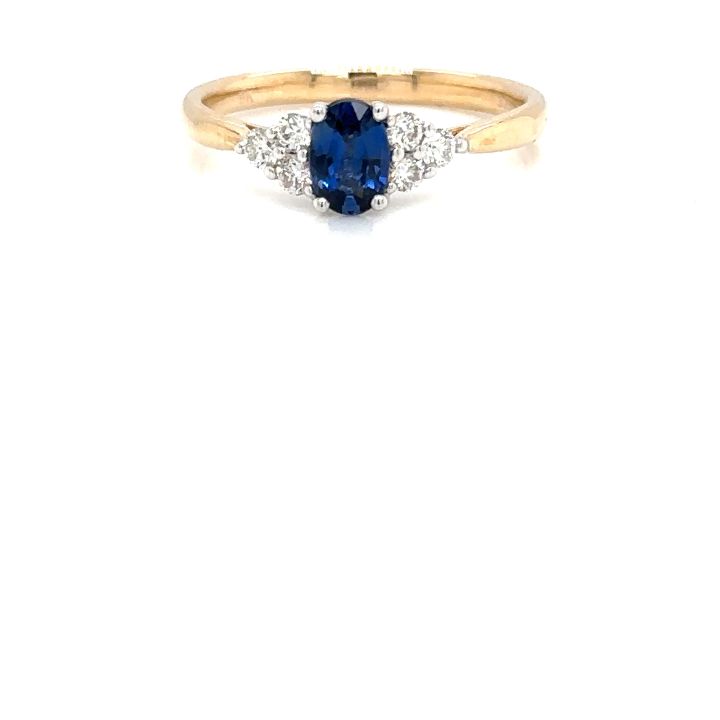 9ct Yellow Gold Oval Sapphire & Six Diamond Ring