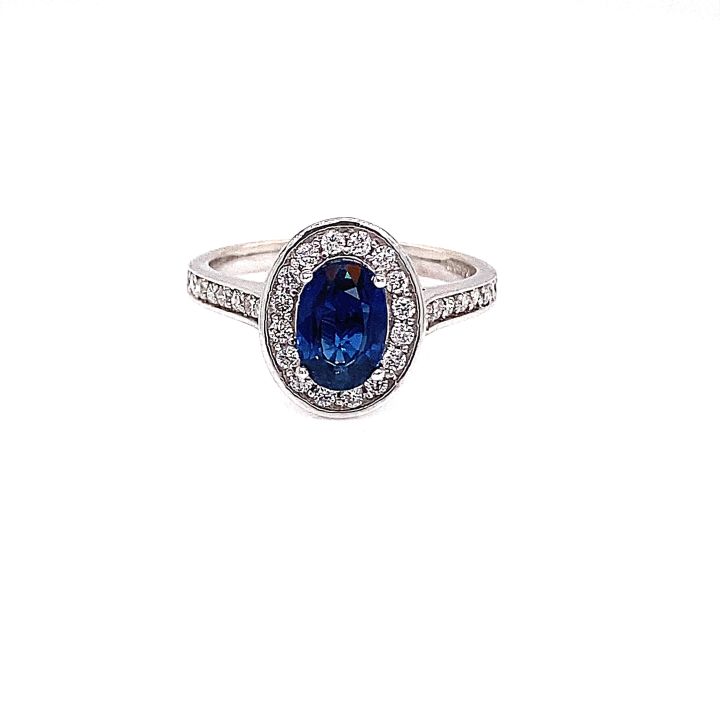18ct White Gold Oval Sapphire & Diamond Cluster Ring