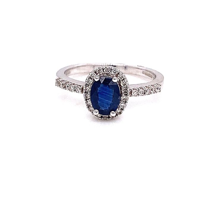 9ct White Gold Oval Sapphire & Diamond Cluster Ring