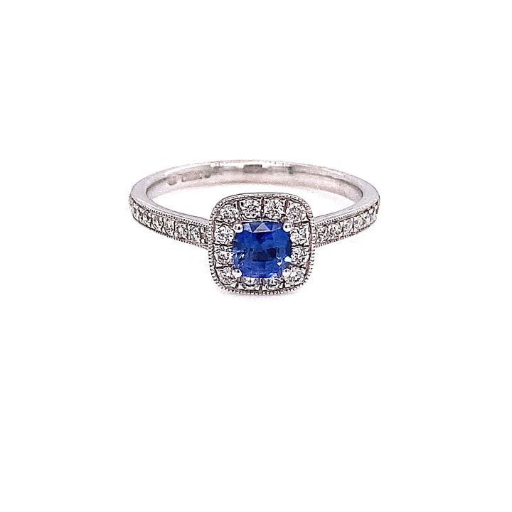 18ct White Gold Cushion Shaped Sapphire & Diamond Cluster Ring