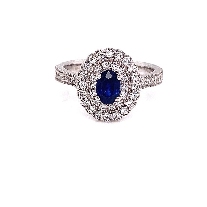 18ct White Gold Oval Two Row Sapphire & Diamond Halo Ring