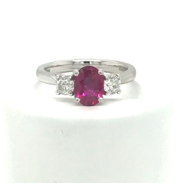 18ct White Gold Oval Ruby & Diamond Three Stone Ring