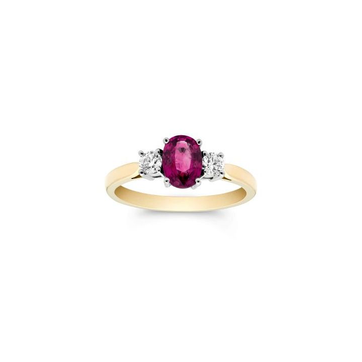 18ct Yellow Gold Three Stone Oval Ruby and Diamond Ring