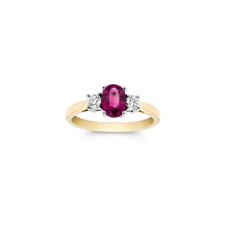 18ct Yellow Gold Three Stone Oval Ruby and Diamond Ring