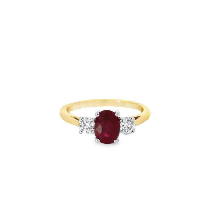 18ct Yellow Gold Three Stone Oval Ruby & Diamond Ring