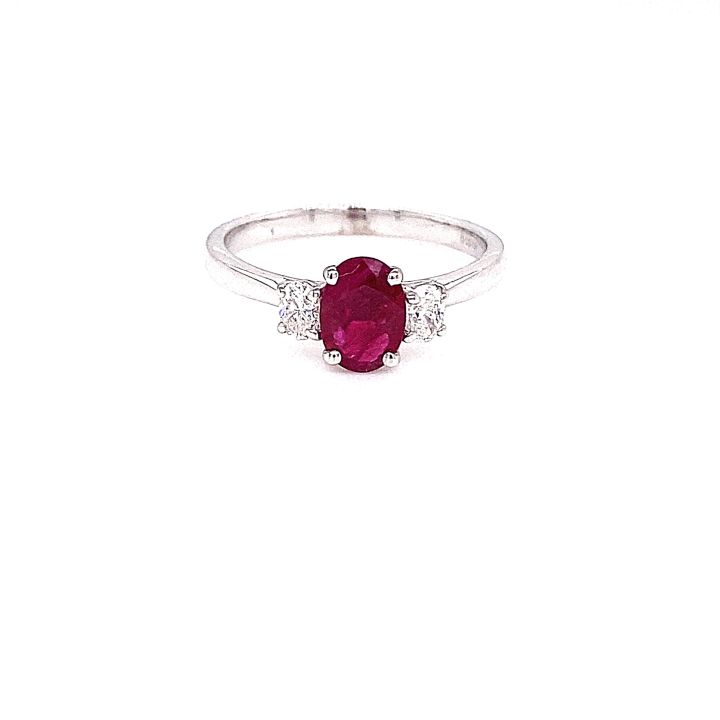 18ct White Gold Oval Ruby & Diamond Three Stone Ring