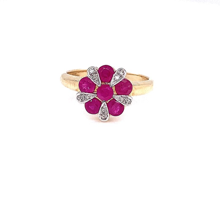 9ct Yellow Gold Ruby & Diamond Flower Cluster Ring