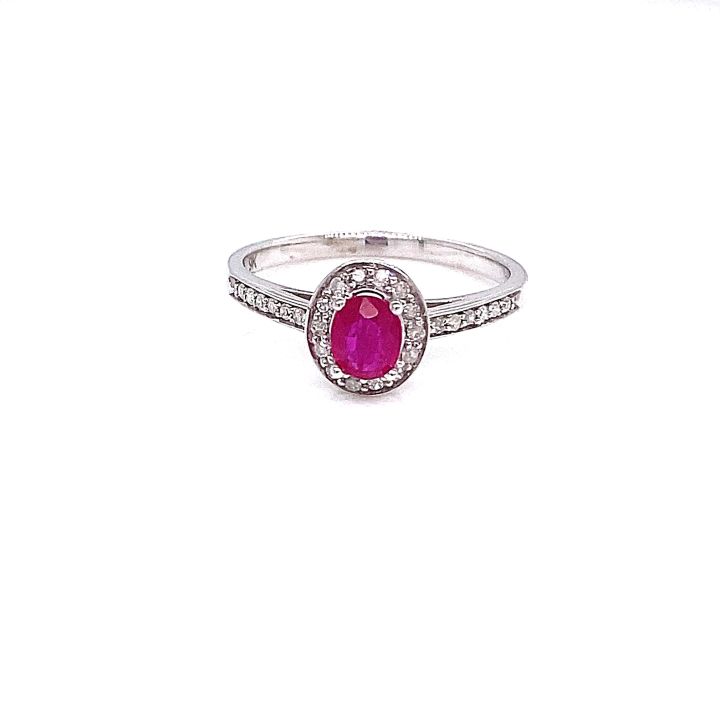 9ct White Gold Oval Ruby & Diamond Cluster Ring