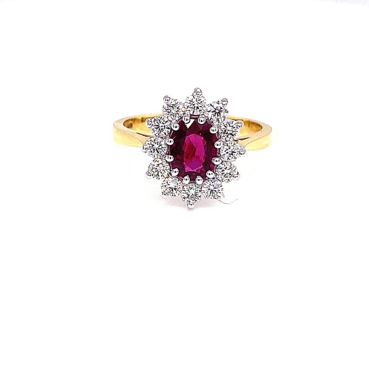 18ct Yellow Gold Oval Ruby & Diamond Cluster Ring