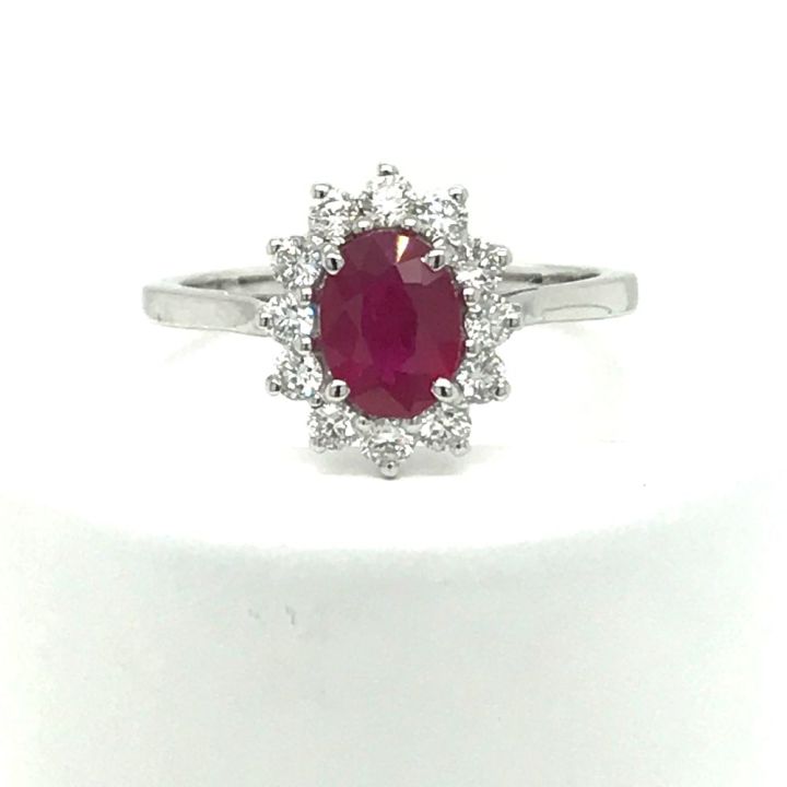 18ct White Gold Oval Ruby & Diamond Cluster Ring