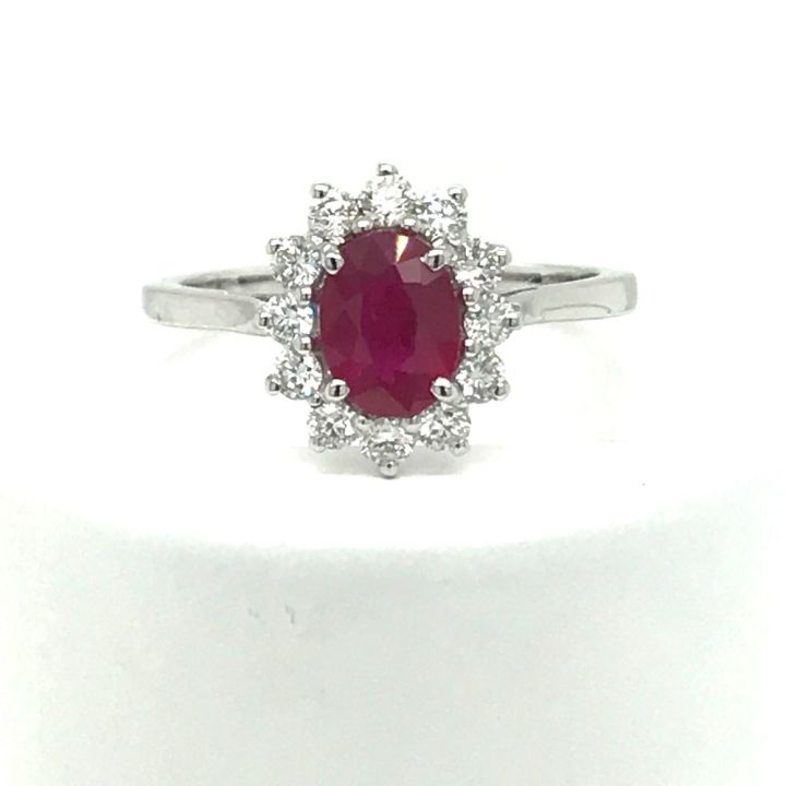 18ct White Gold Oval Ruby & Diamond Cluster Ring