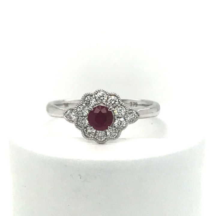 9ct White Gold Ruby & Diamond Millegrain Cluster Ring