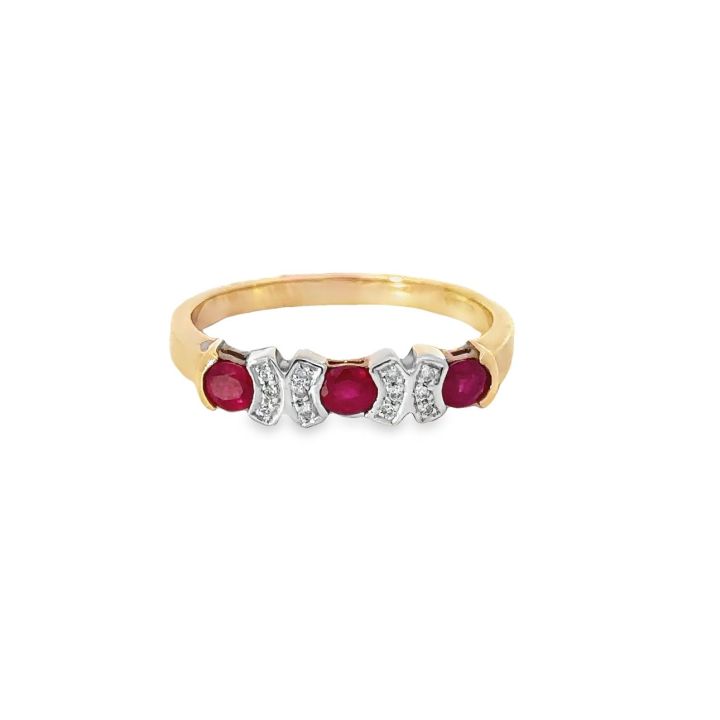 9ct Yellow Gold Three Stone Ruby & Diamond Set Bar Ring