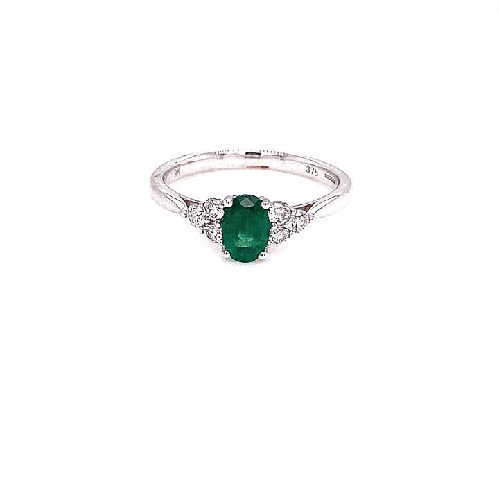 9ct White Gold Oval Emerald & Diamond Ring