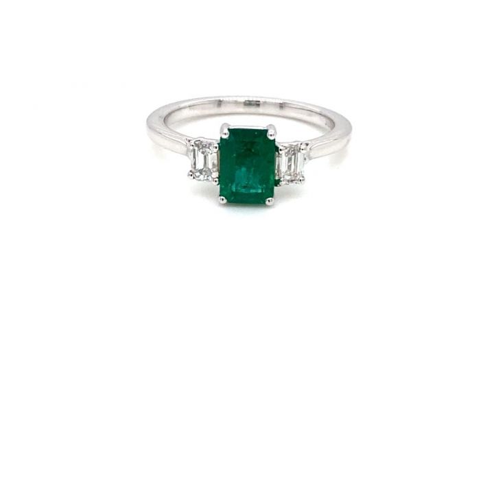 18ct White Gold Emerald & Diamond Three Stone Ring