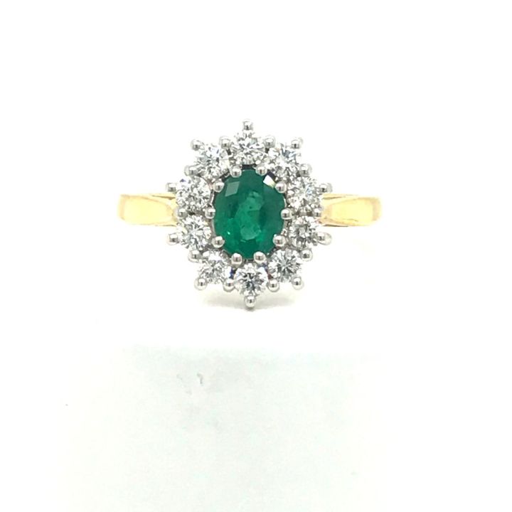 18ct Yellow Gold Oval Emerald & Diamond Cluster Ring