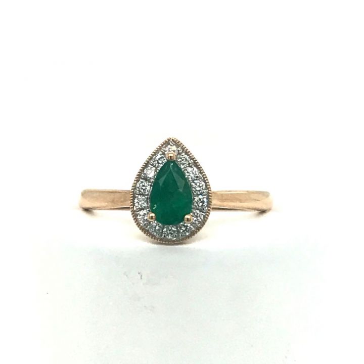 9ct Yellow Gold Emerald & Diamond Pear Shaped Ring