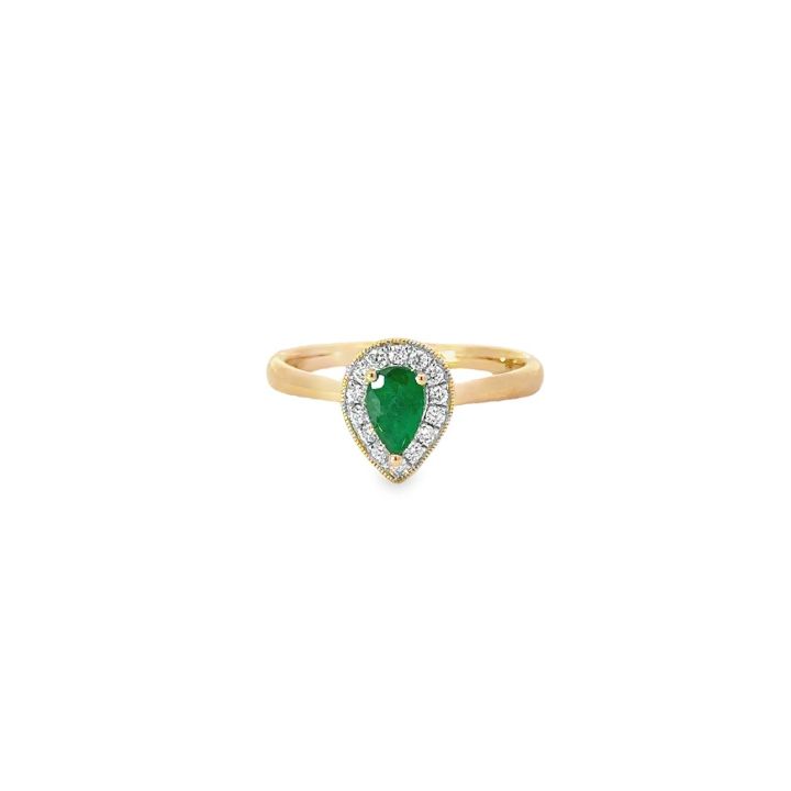 9ct Yellow Gold Emerald & Diamond Pear Shaped Ring