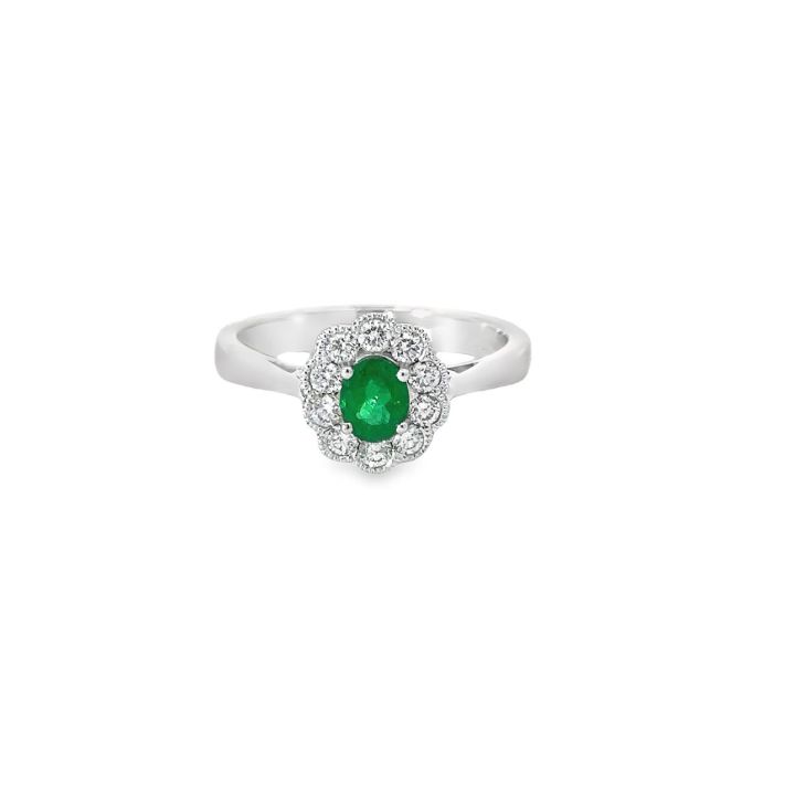 18ct White Gold Oval Emerald & Diamond Millegrain Cluster Ring
