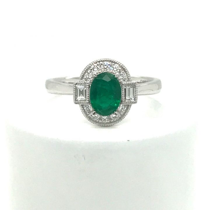 Platinum Oval Emerald & Diamond Cluster Ring