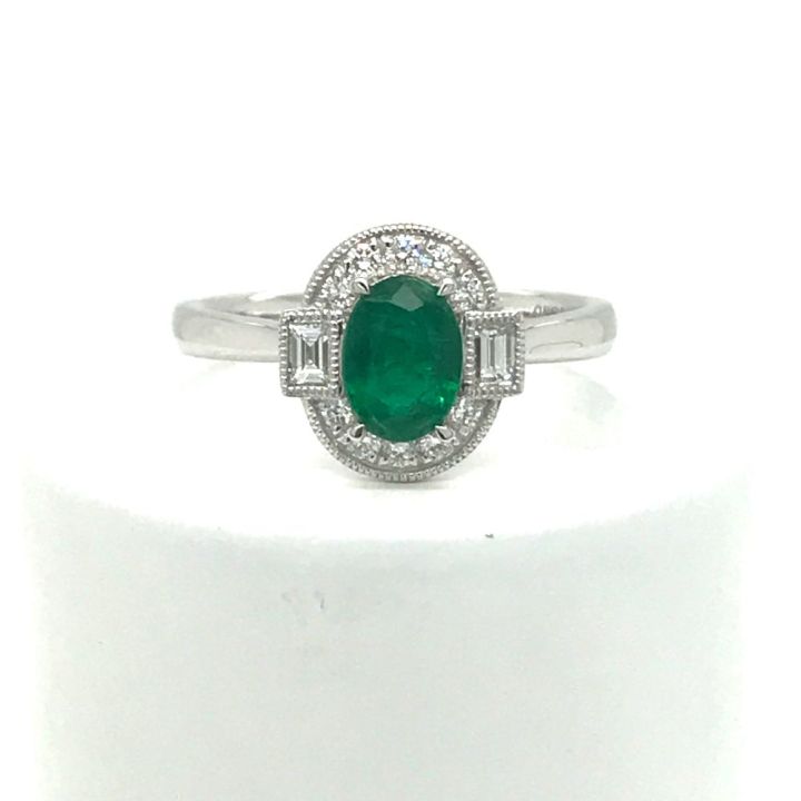 Platinum Oval Emerald & Diamond Cluster Ring