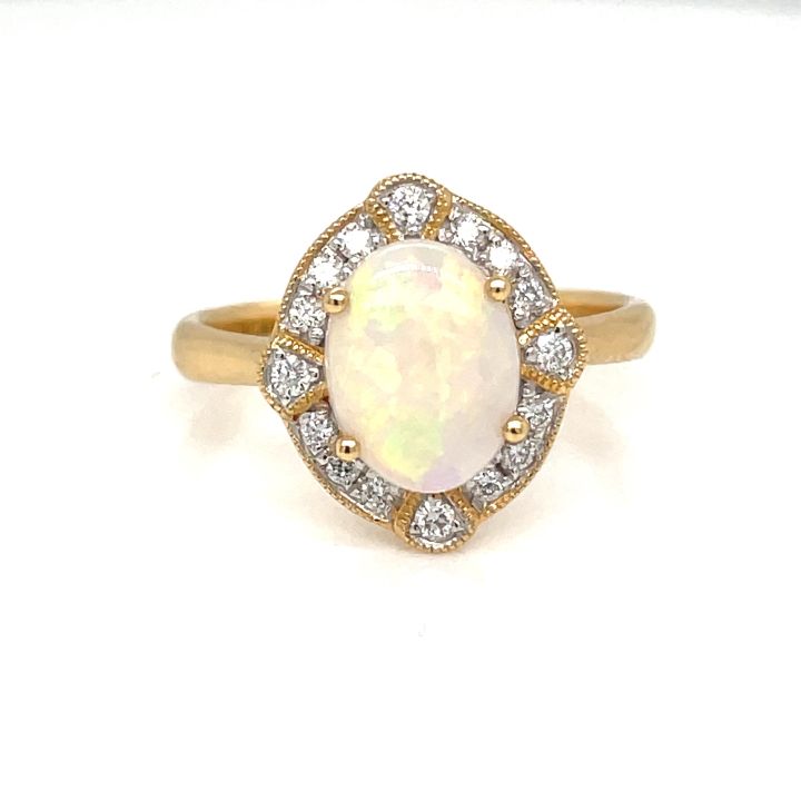 18ct Yellow Gold Oval Opal & Diamond Cluster Ring