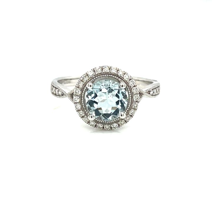 9ct White Gold Aquamarine & Diamond Halo Ring