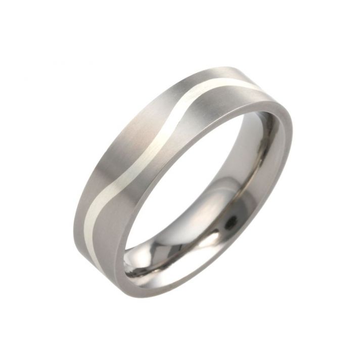Gents Titanium & Silver Wave Inlay Wedding Ring