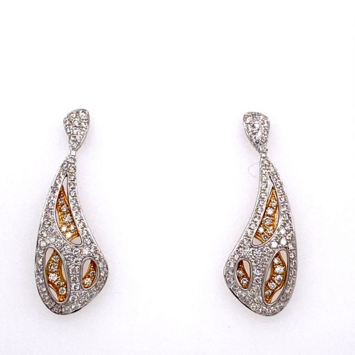 18ct Yellow & White Gold Fancy Pave Set Diamond Drop Earrings
