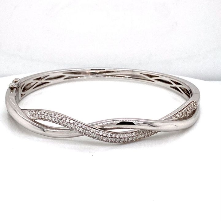 9ct White Gold Twist Diamond Set Bangle