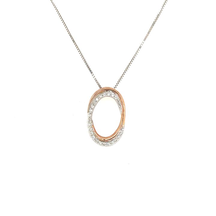 9ct White & Rose Gold Oval Diamond Set Pendant