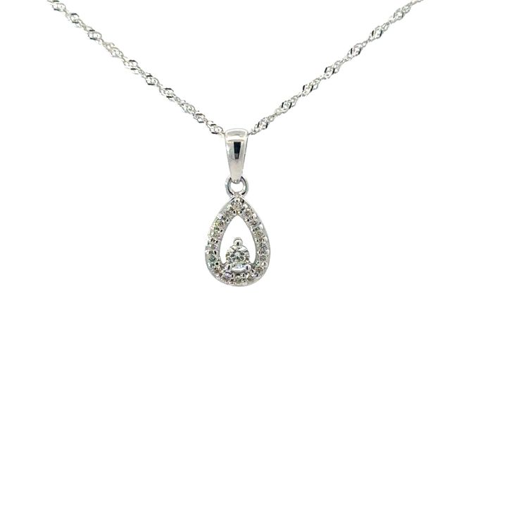 9ct White Gold Open Teardrop Diamond Set Pendant