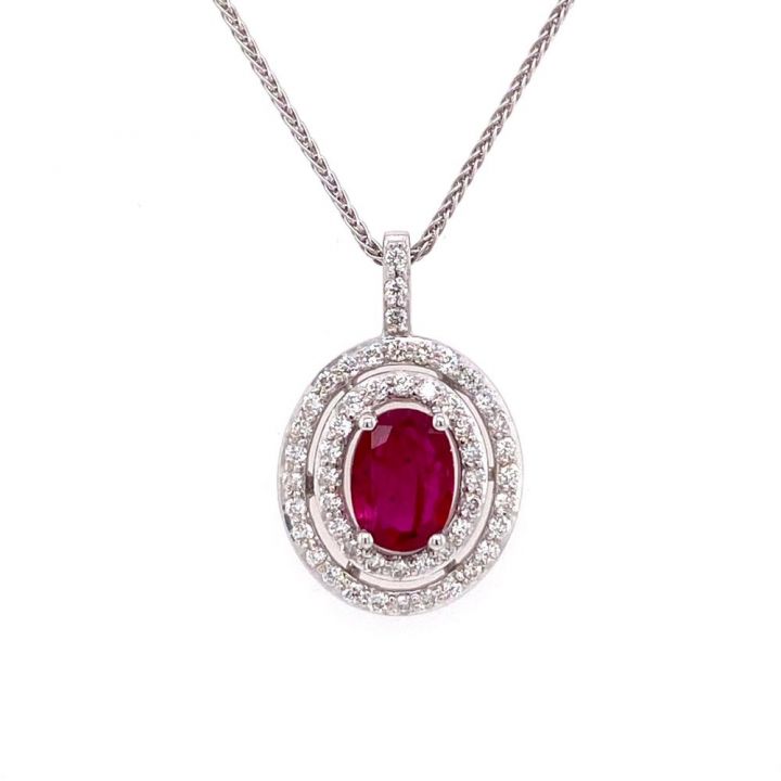 9ct White Gold Oval Ruby & Diamond Cluster Pendant