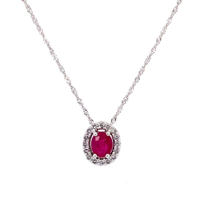 9ct White Gold Oval Ruby & Diamond Pendant