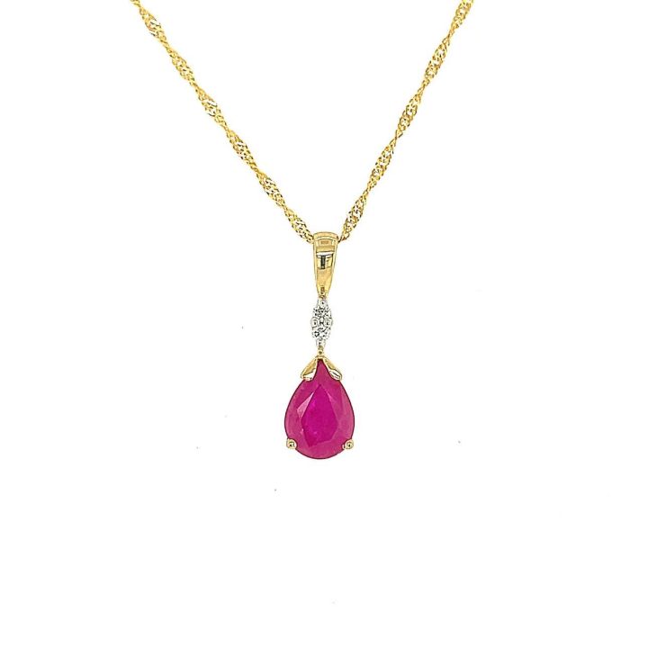 9ct Yellow Gold Pear Shaped Ruby & Diamond Drop Pendant