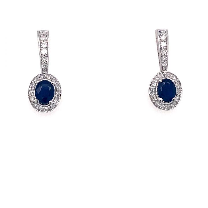 9ct White Gold Oval Sapphire & Diamond Cluster Drop Earrings